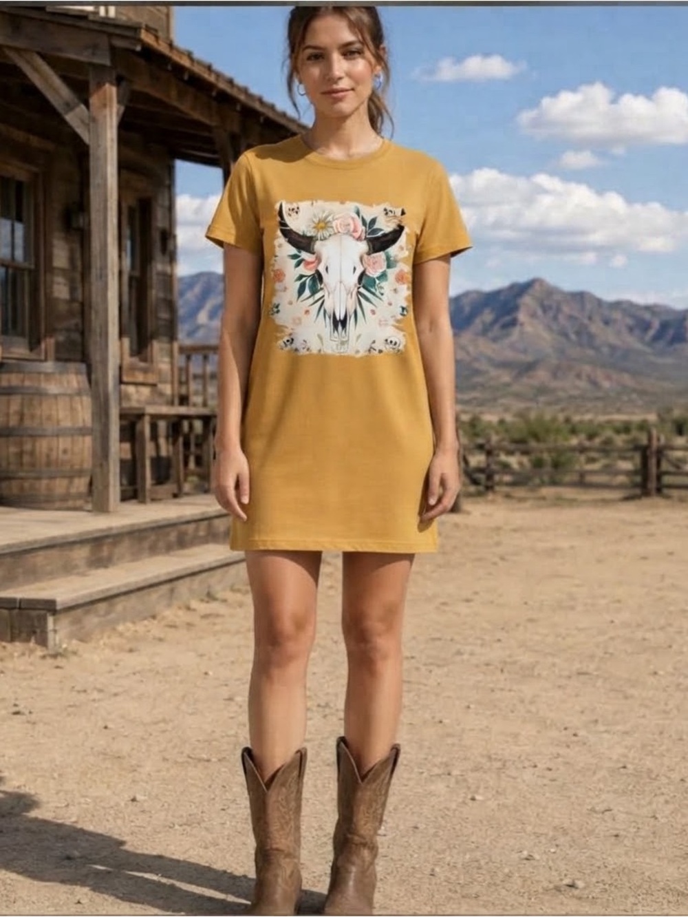 Hand Crafted Western Cow Skull Floral Graphic Tee Dress 4XL Mustard Yellow NWOT